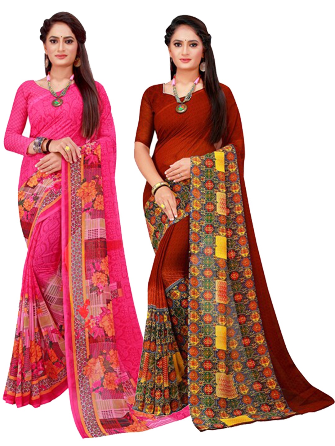 

SAADHVI Magenta & Rust Pure Georgette Saree