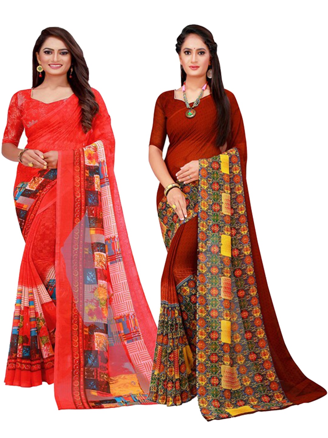 

SAADHVI Brown & Red Floral Pure Georgette Saree