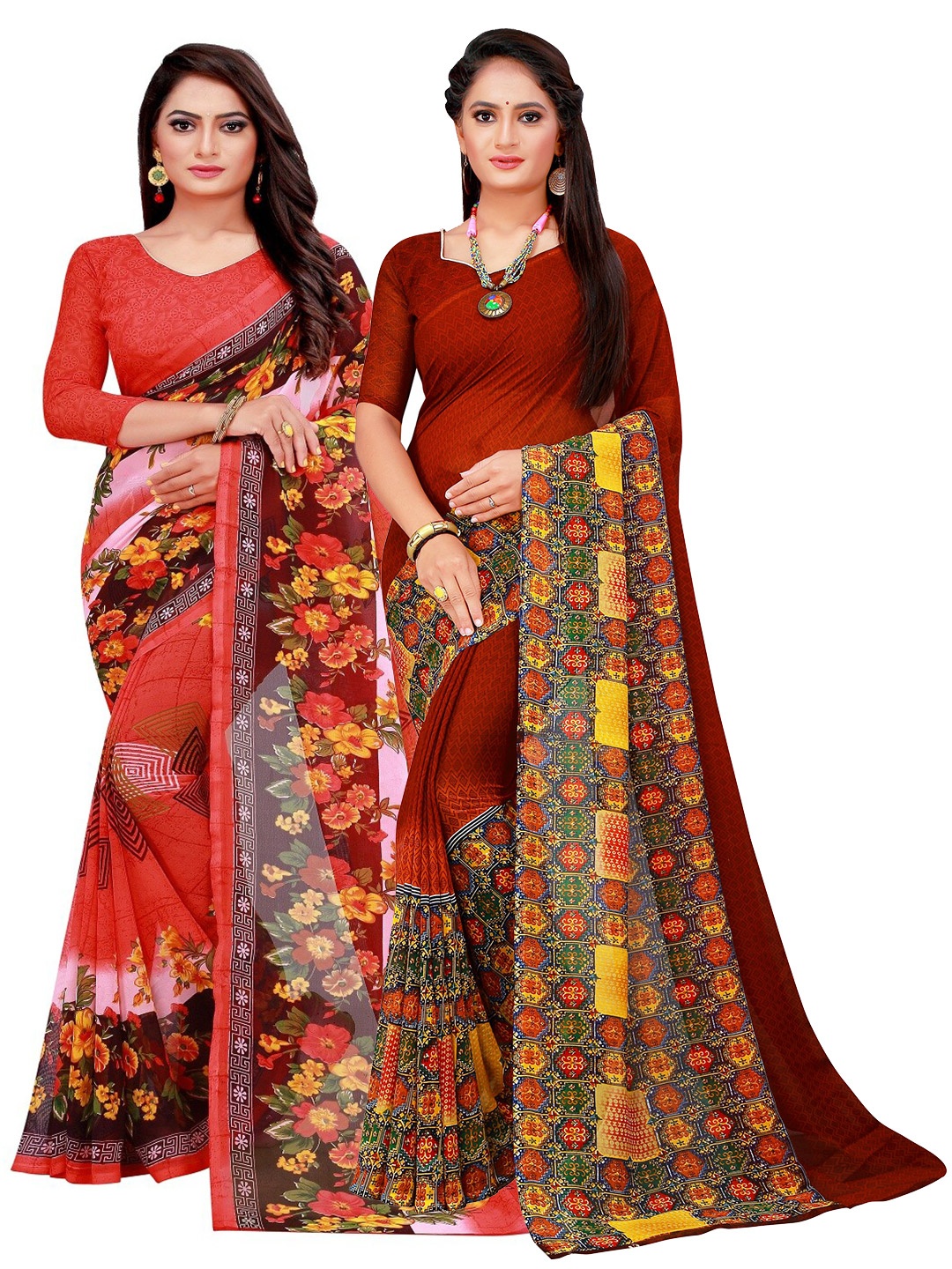 

SAADHVI Brown & Red Pure Georgette Saree