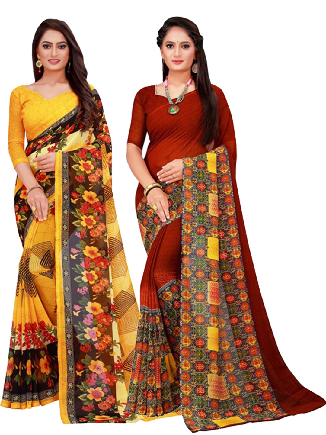 

SAADHVI Yellow & Brown Floral Pure Georgette Saree