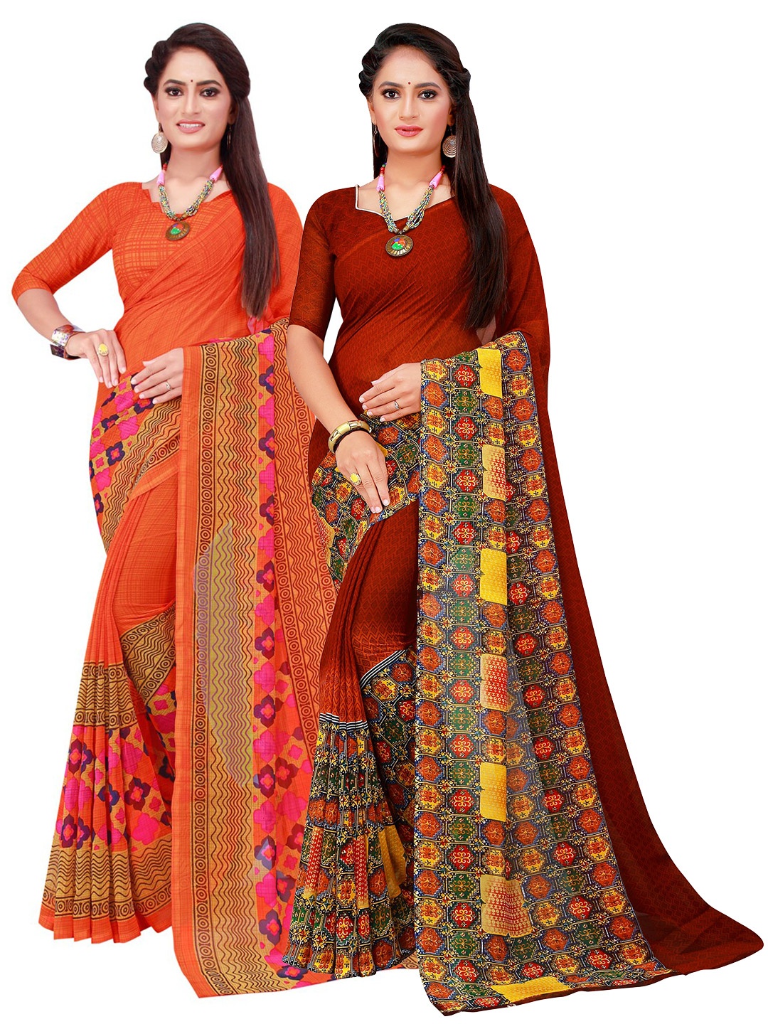 

SAADHVI Orange & Brown Pure Georgette Saree