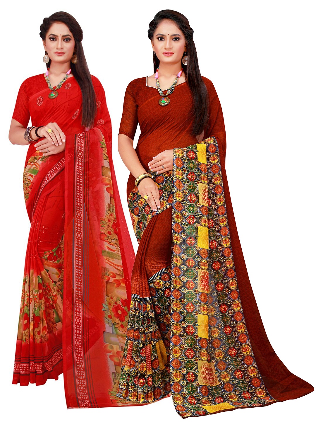 

SAADHVI Brown & Red Pure Georgette Saree