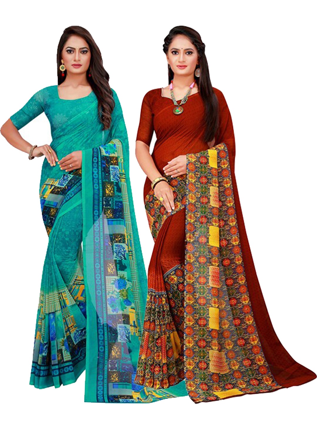 

SAADHVI Turquoise Blue & Brown Pure Georgette Saree