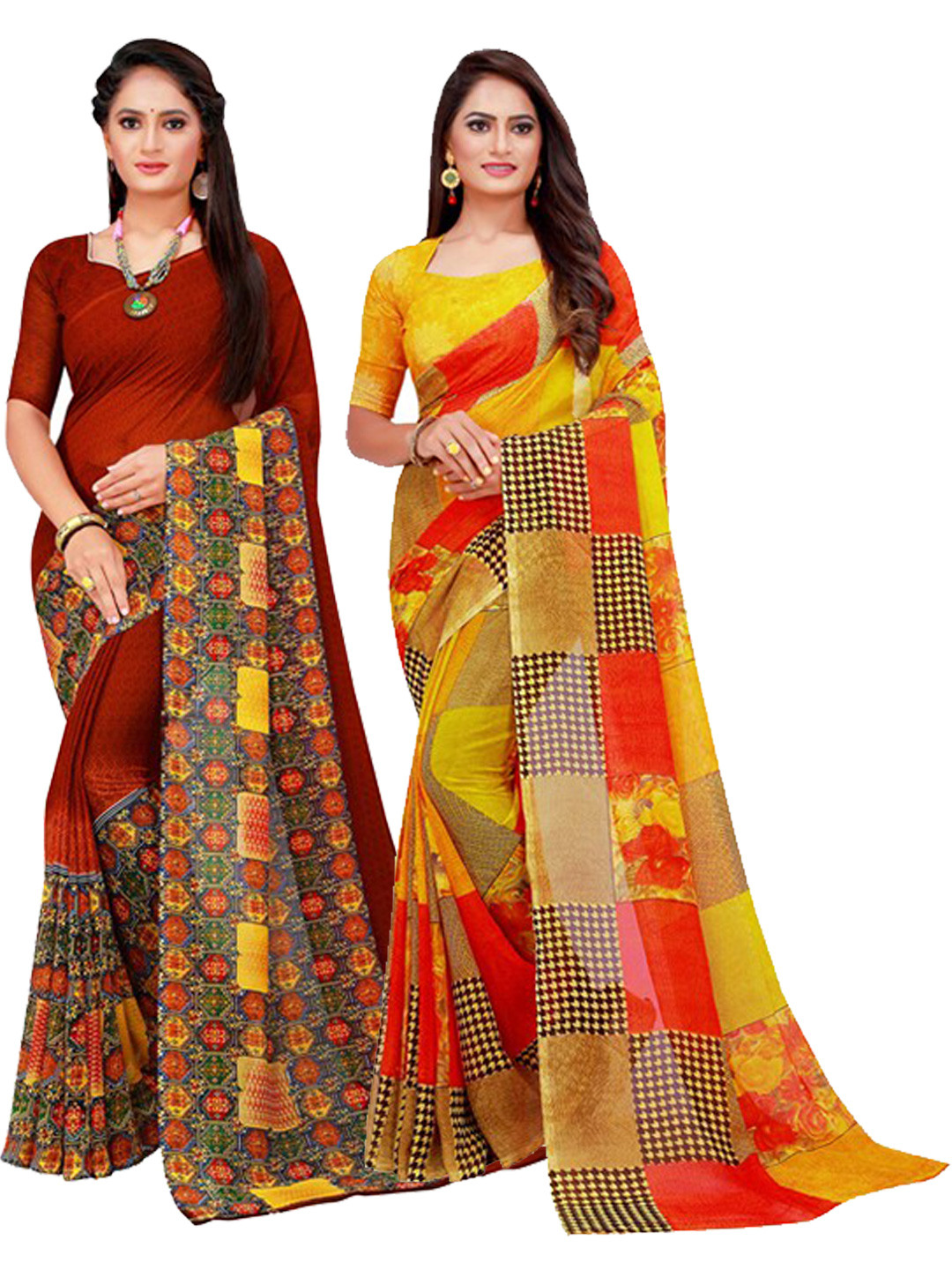

SAADHVI Brown & Yellow Pure Georgette Saree