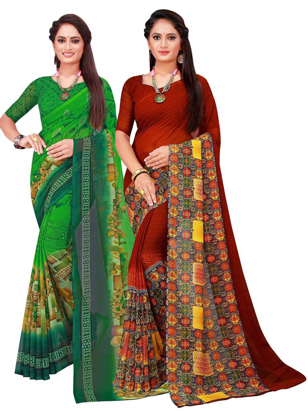 

SAADHVI Brown & Green Floral Pure Georgette Saree
