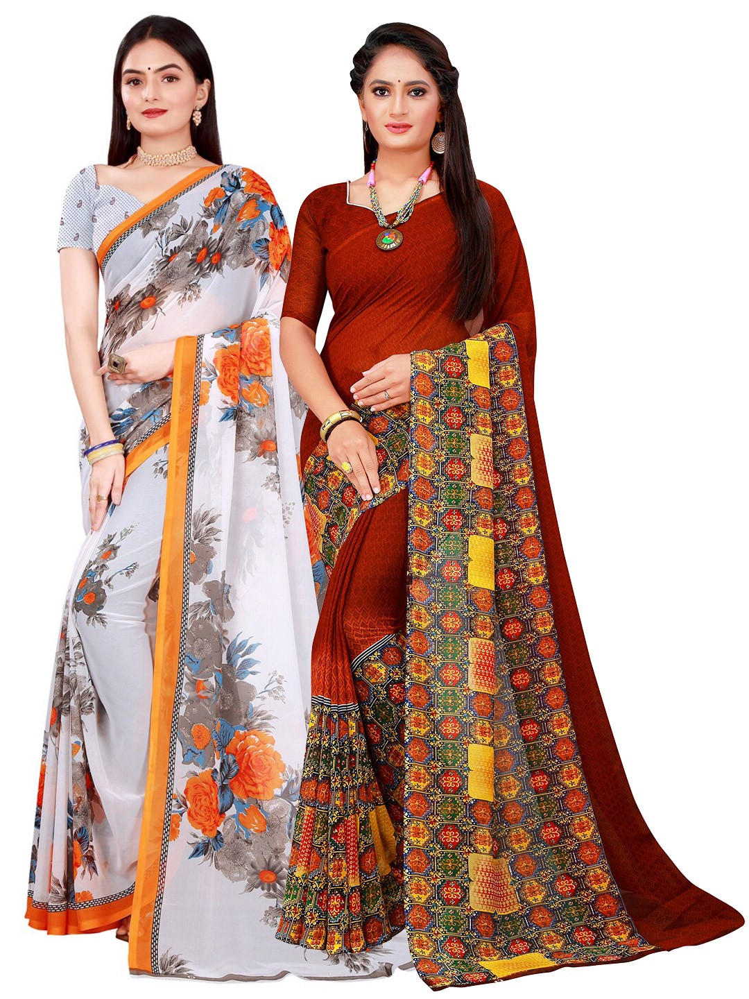 

SAADHVI Brown & White Pure Georgette Saree