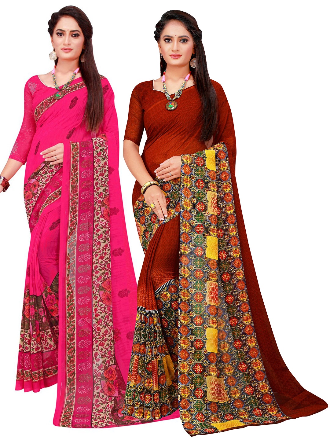 

SAADHVI Brown & Magenta Pure Georgette Saree