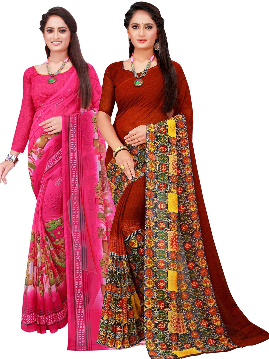 

SAADHVI Brown & Pink Pure Georgette Saree