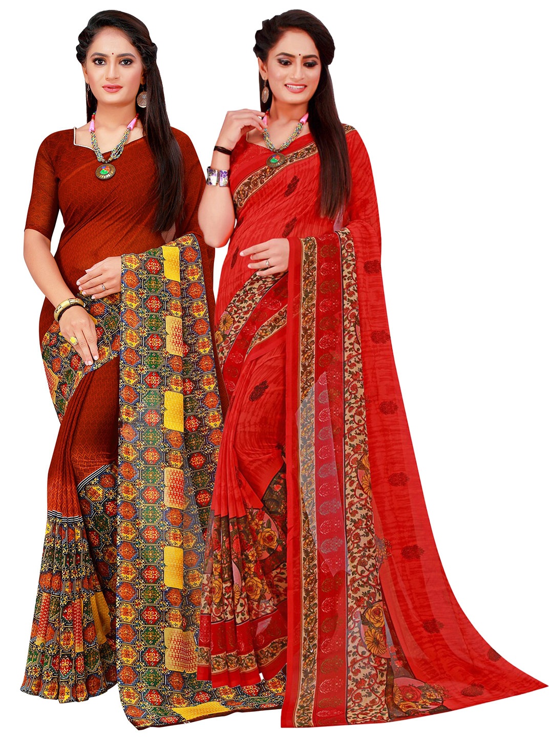 

SAADHVI Brown & Red Pure Georgette Saree