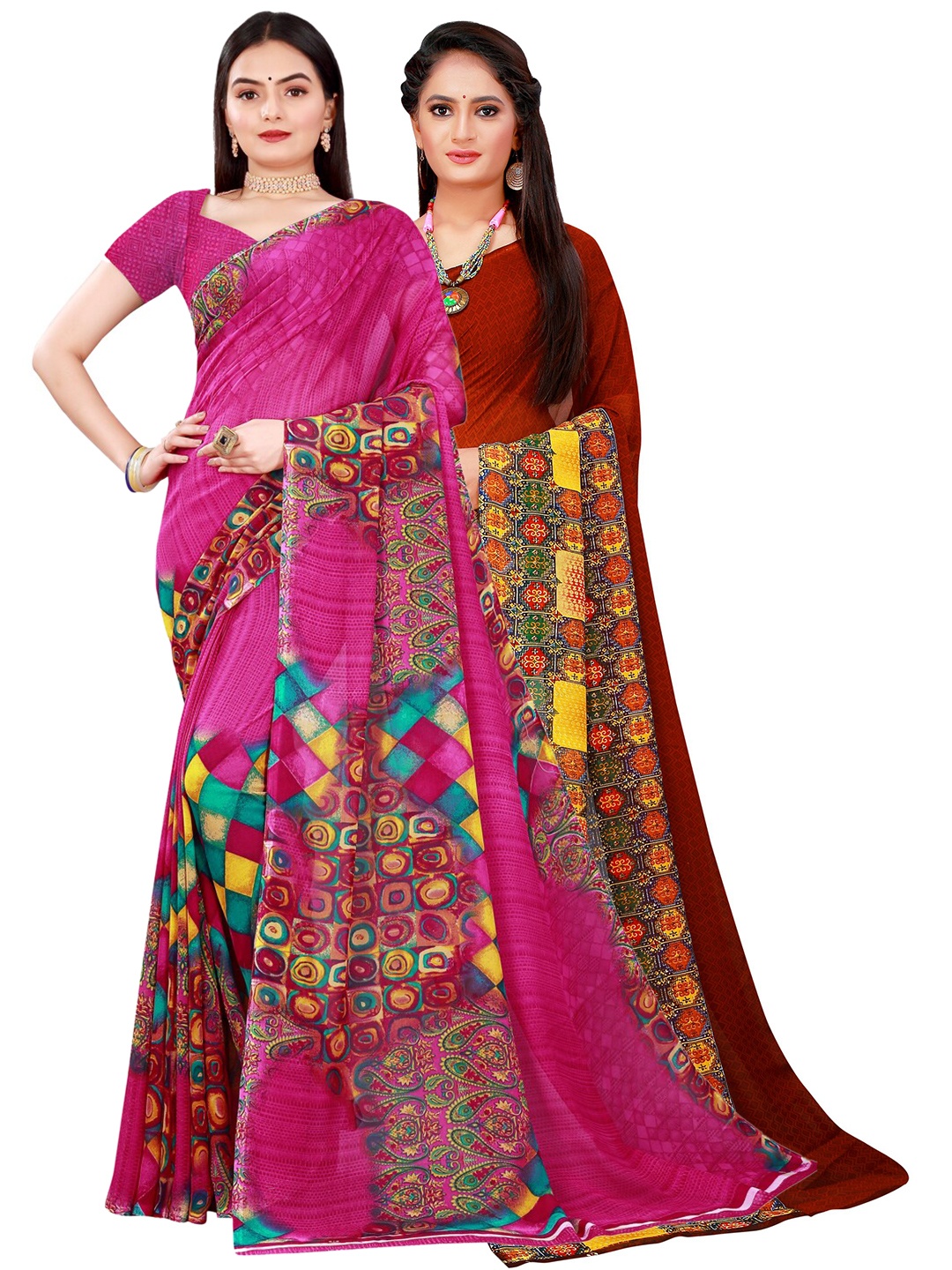 

SAADHVI Red & Brown Floral Pure Georgette Saree