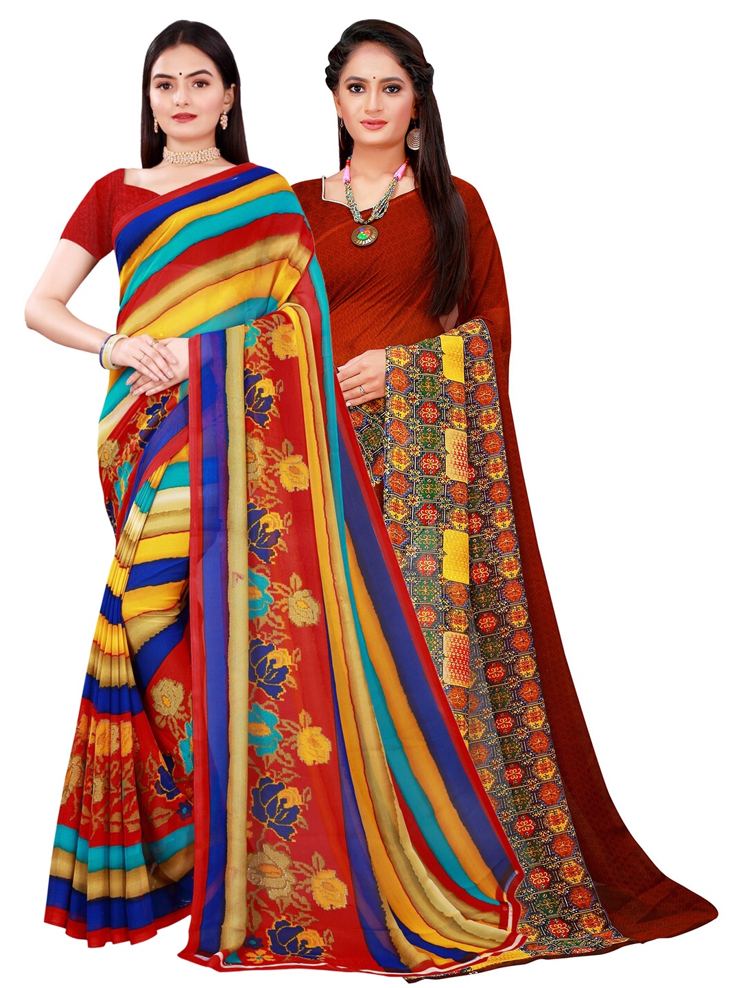 

SAADHVI Blue & Brown Pure Georgette Saree