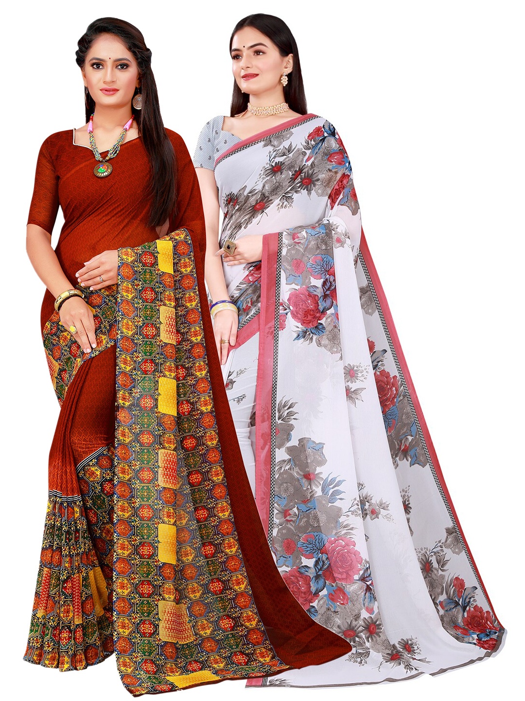 

SAADHVI Brown & White Pure Georgette Saree