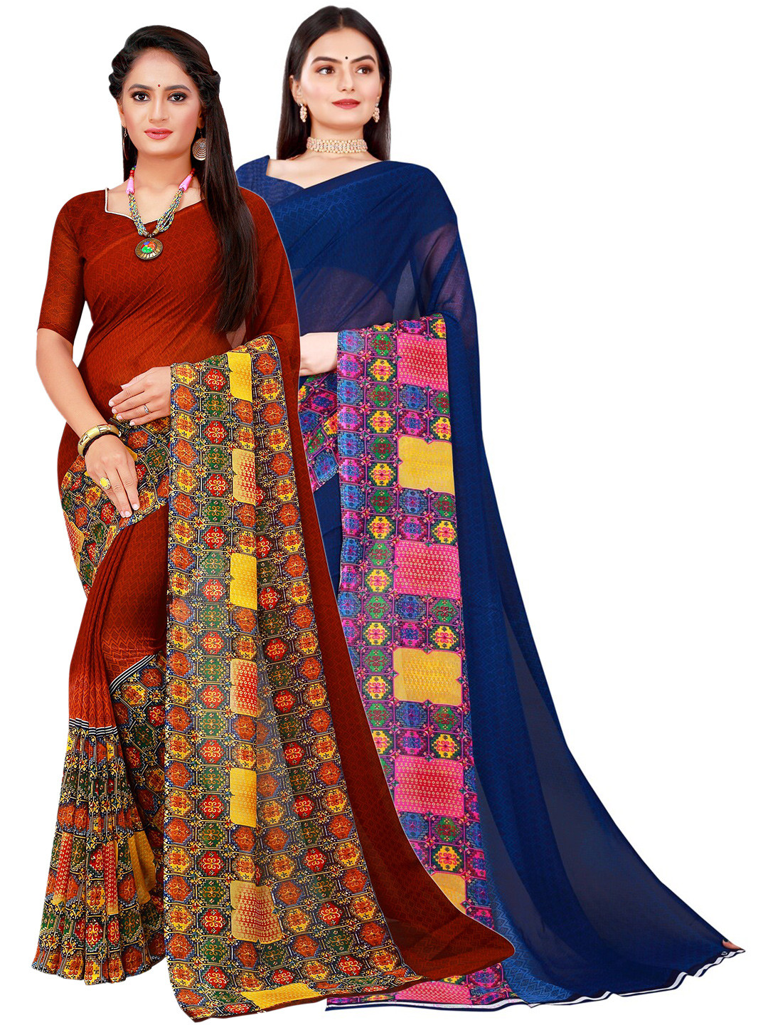 

SAADHVI Brown & Blue Pure Georgette Saree