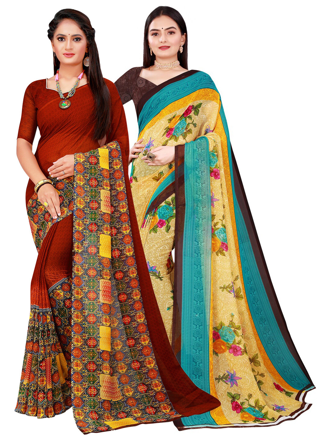

SAADHVI Brown & Beige Floral Pure Georgette Saree