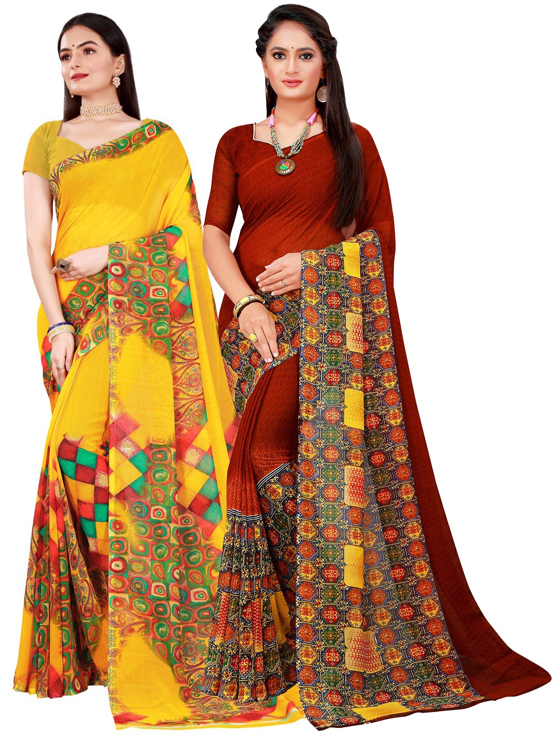 

SAADHVI Brown & Yellow Pure Georgette Saree