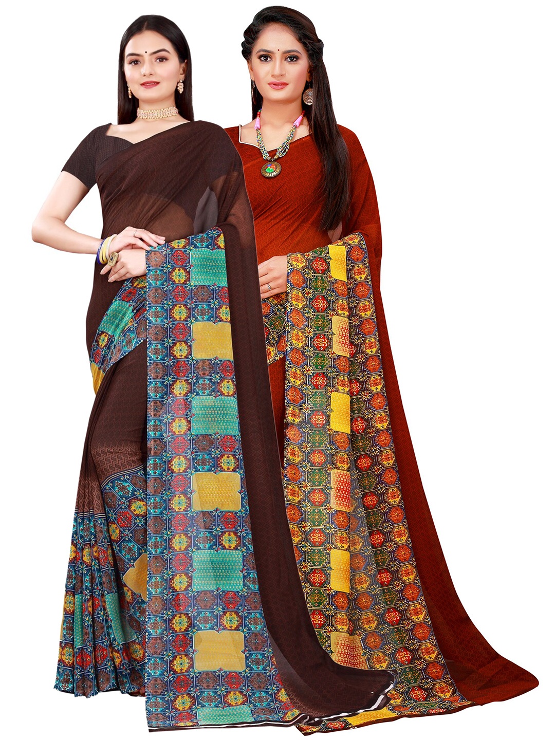 

SAADHVI Navy Blue & Brown Pure Georgette Saree