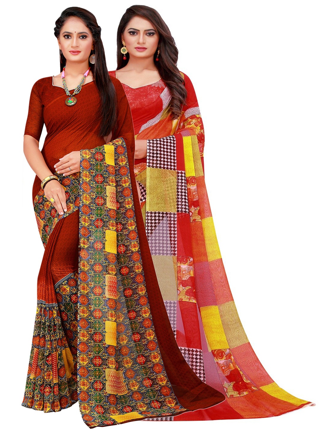 

SAADHVI Brown & Red Floral Pure Georgette Saree