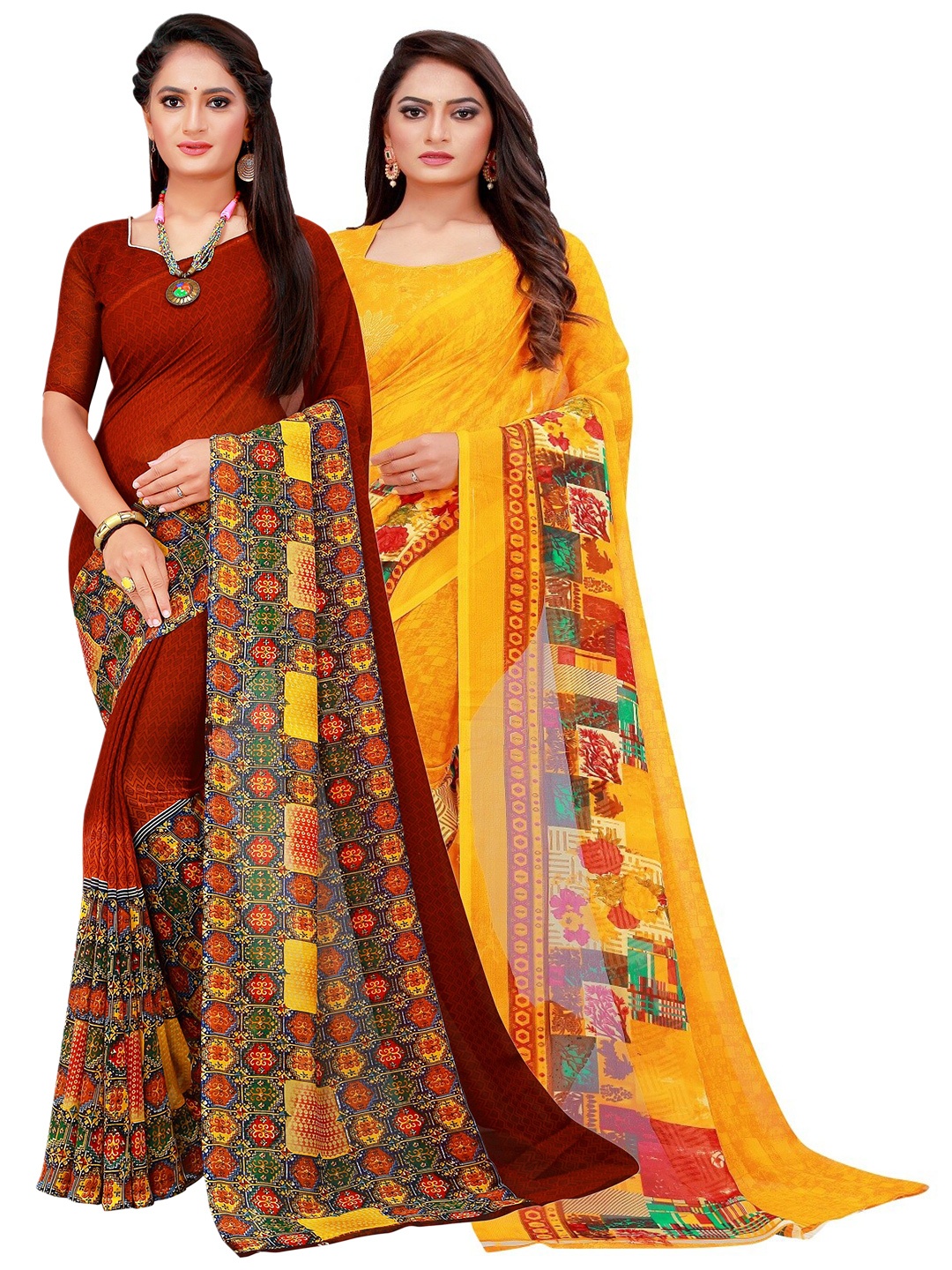 

SAADHVI Brown & Yellow Pure Georgette Saree