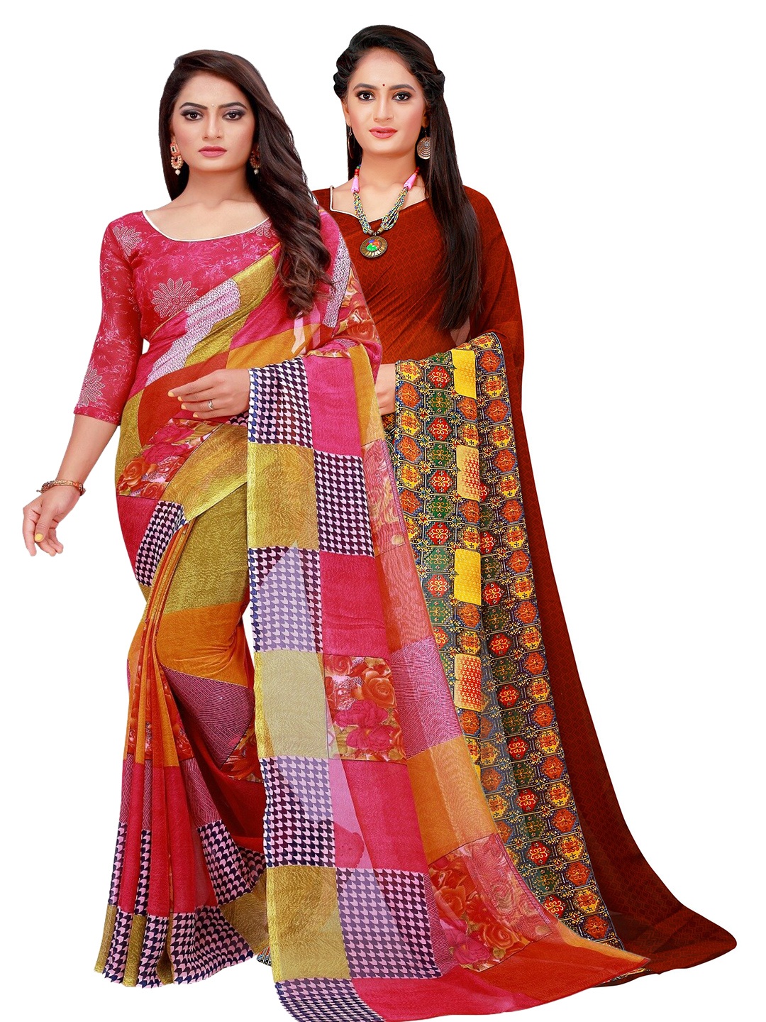 

SAADHVI Red & Brown Pure Georgette Saree