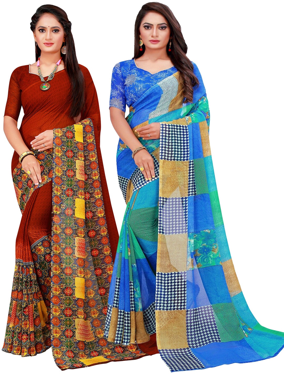 

SAADHVI Blue & Brown Floral Pure Georgette Saree