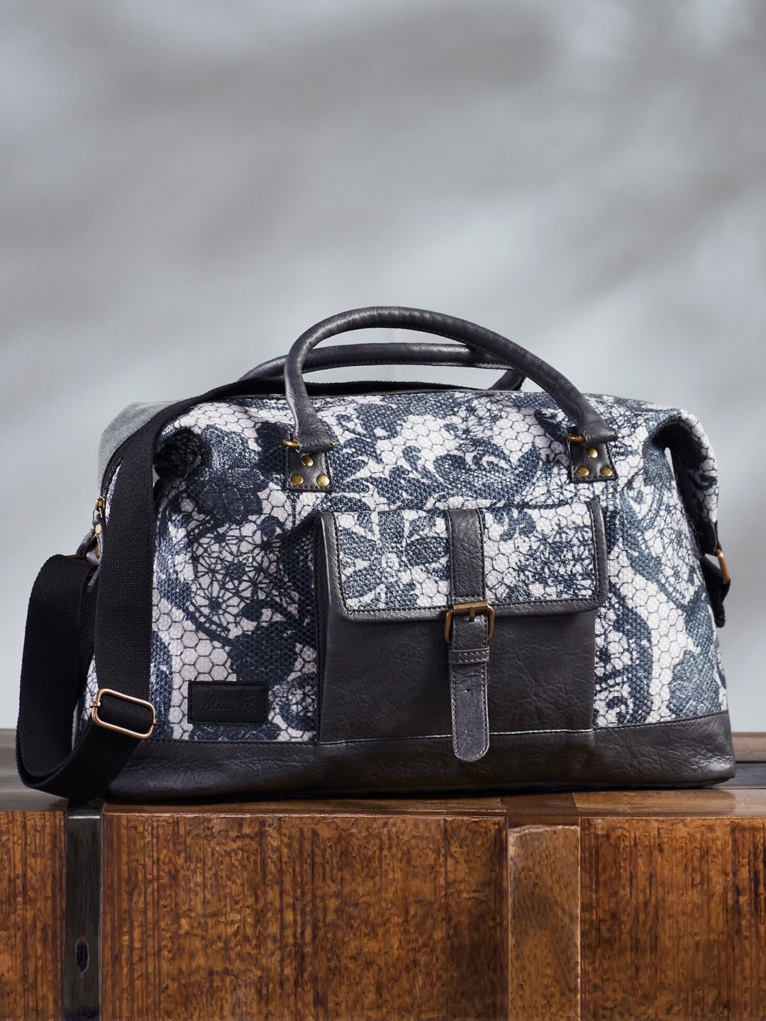 

Mona B Grey Printed Large Duffel Bag with Outside Pocket and Stylish Design