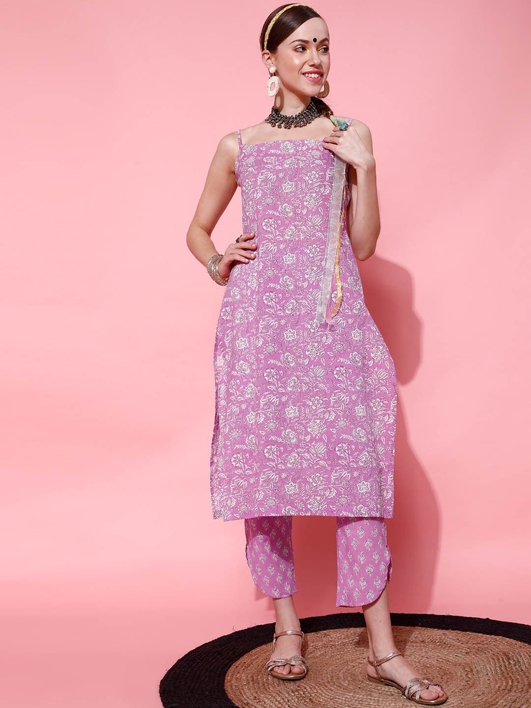 

STREET 9 Women Purple Embroidered Pure Cotton Kurta with Trousers