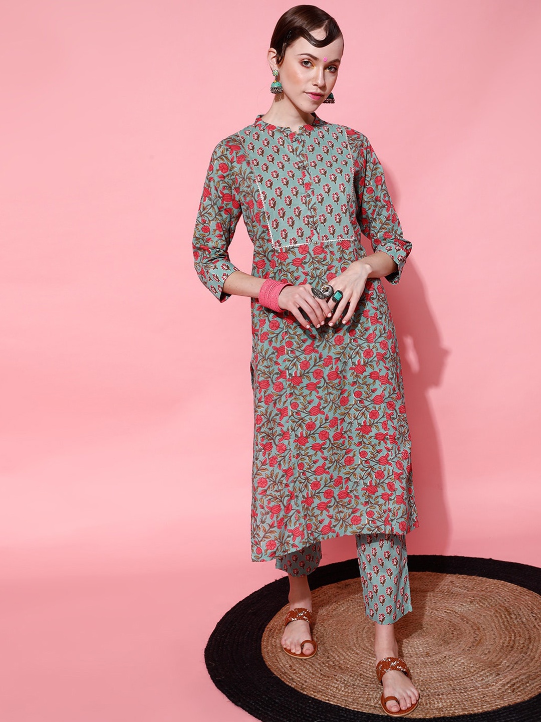 

STREET 9 Women Green Floral Embroidered Pure Cotton Kurta with Trousers