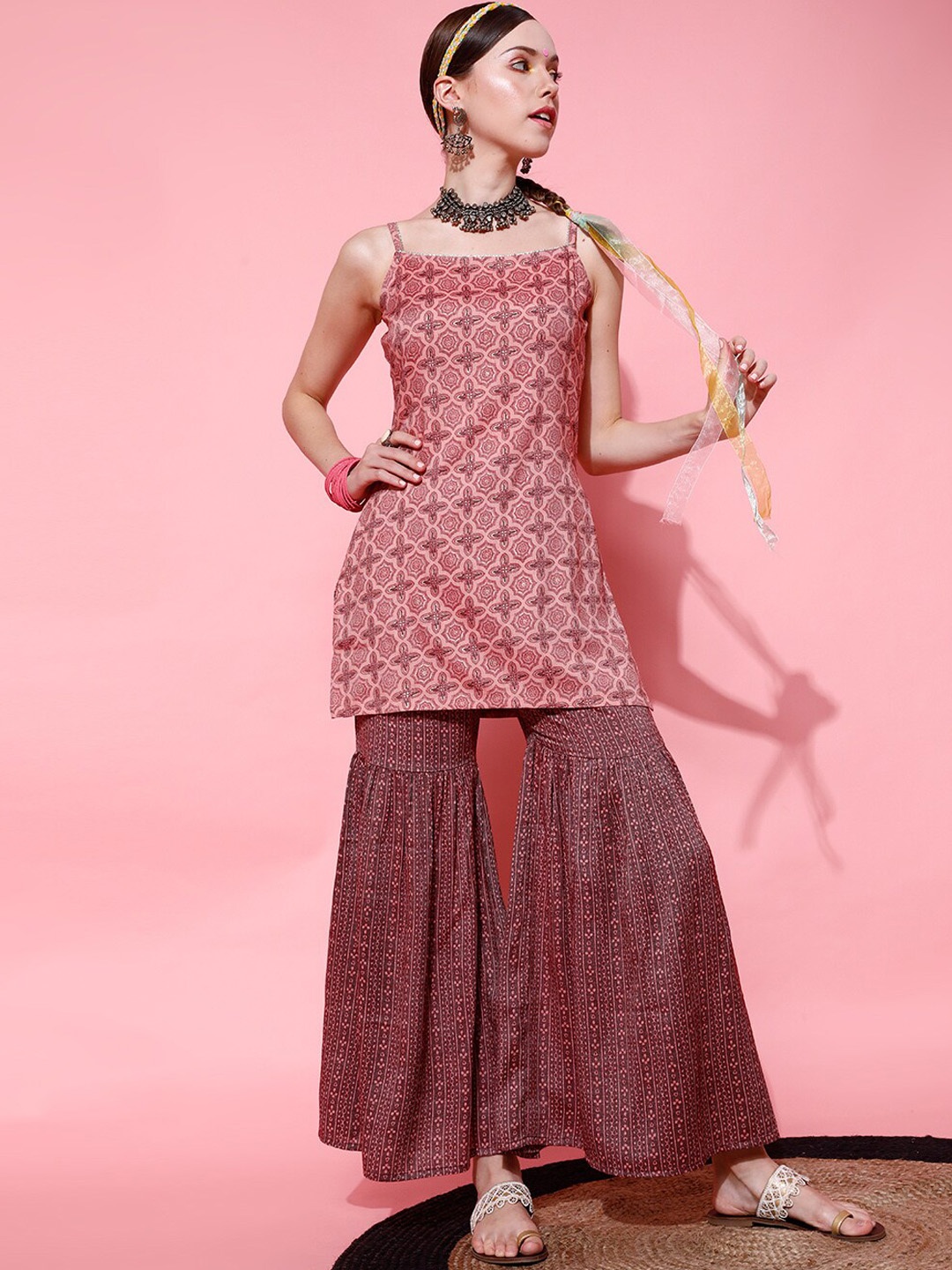 

STREET 9 Women Pink Embroidered Kurta with Sharara