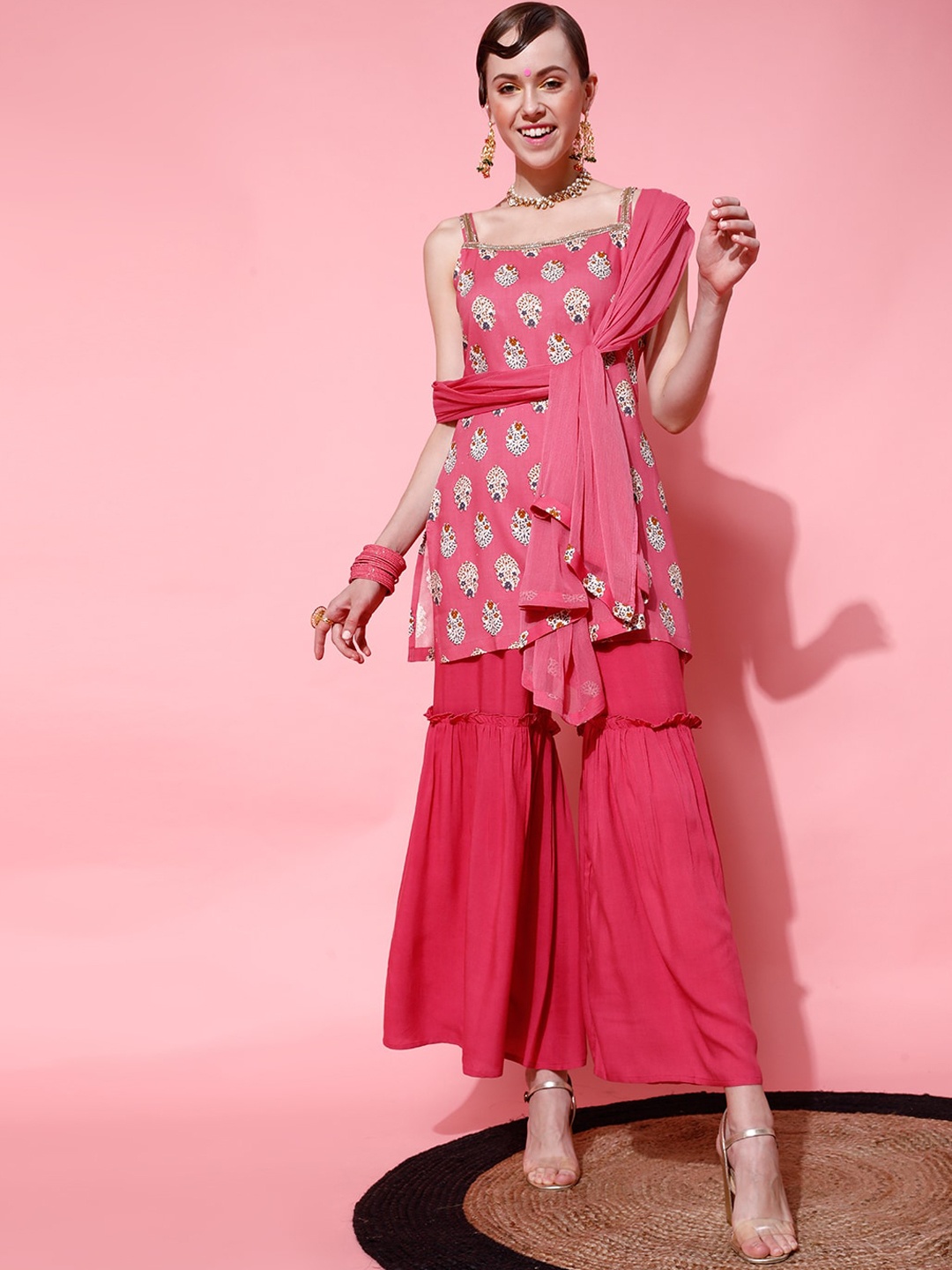 

STREET 9 Women Pink Printed Kurti with Sharara