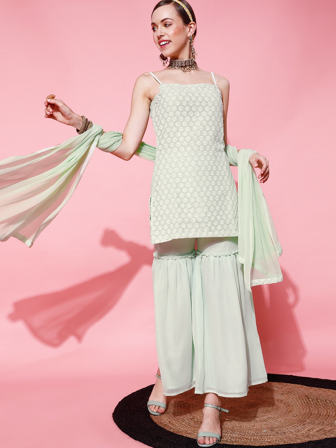 

STREET 9 Women Green Striped Kurta with Trousers
