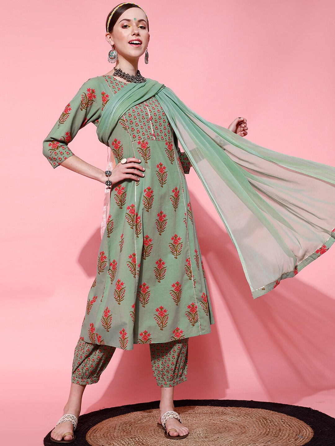 

STREET 9 Women Green Printed Pure Cotton Kurta with Trousers & With Dupatta