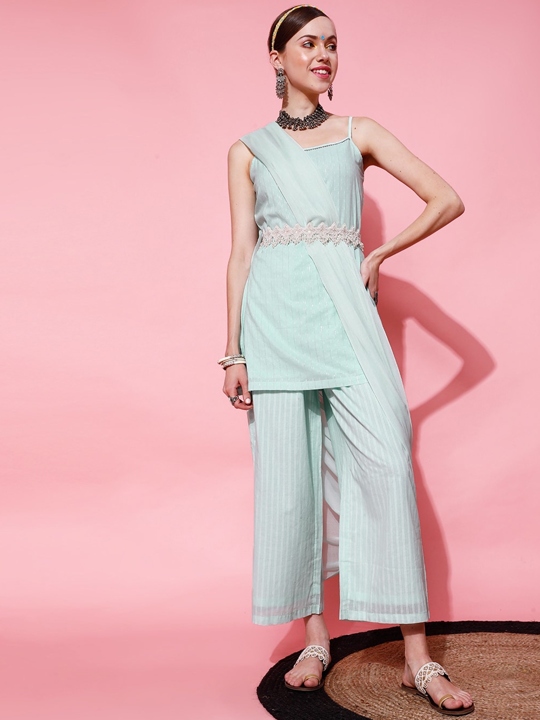 

STREET 9 Women Sea Green Layered Pure Cotton Kurti with Palazzos
