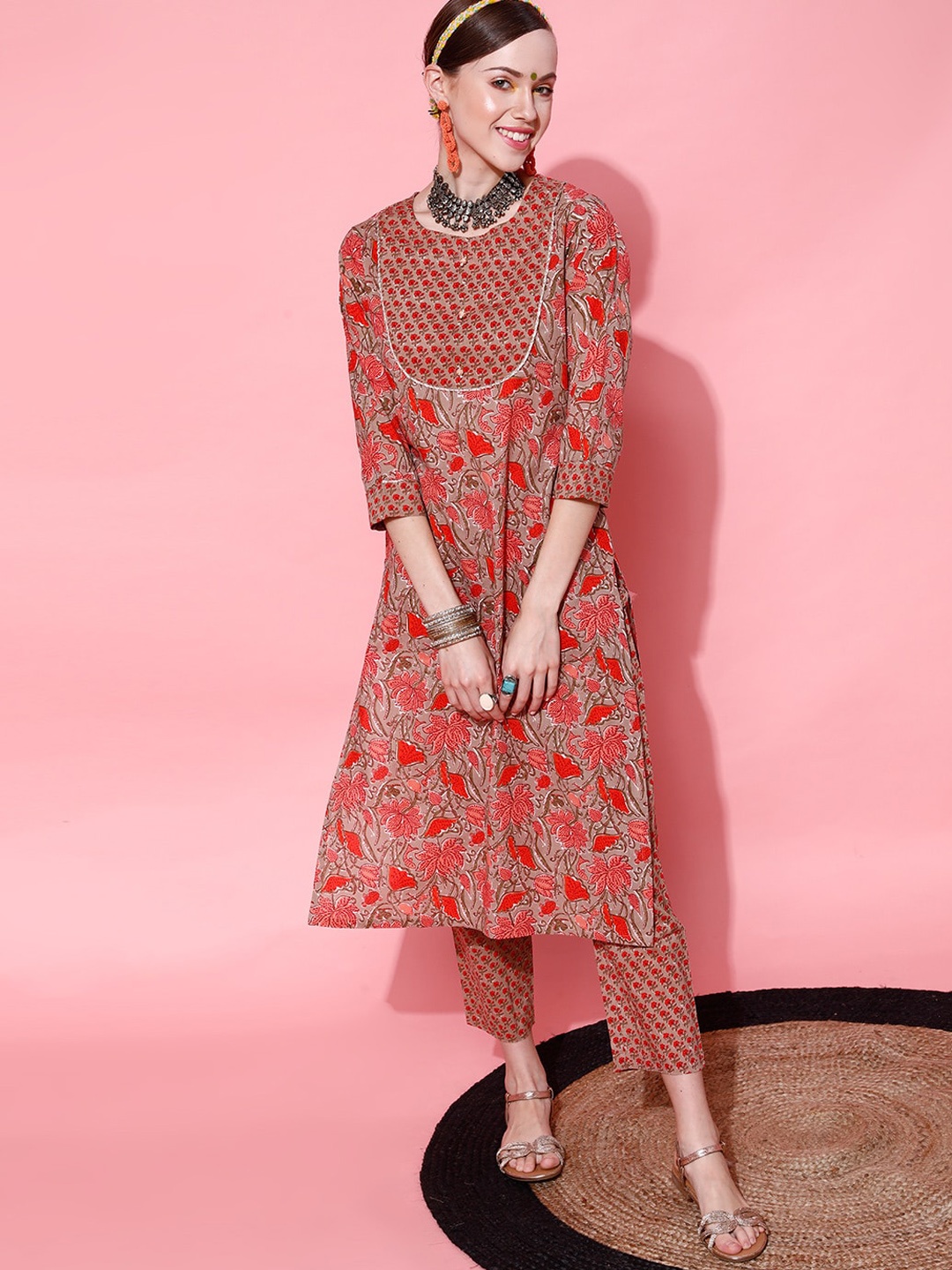 

STREET 9 Women Brown Embroidered Pure Cotton Kurta with Trousers & With Dupatta