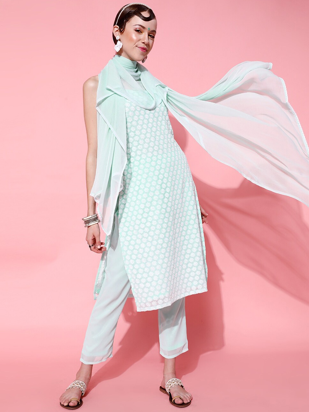 

STREET 9 Women Sea Green Embroidered Layered Kurti with Trousers