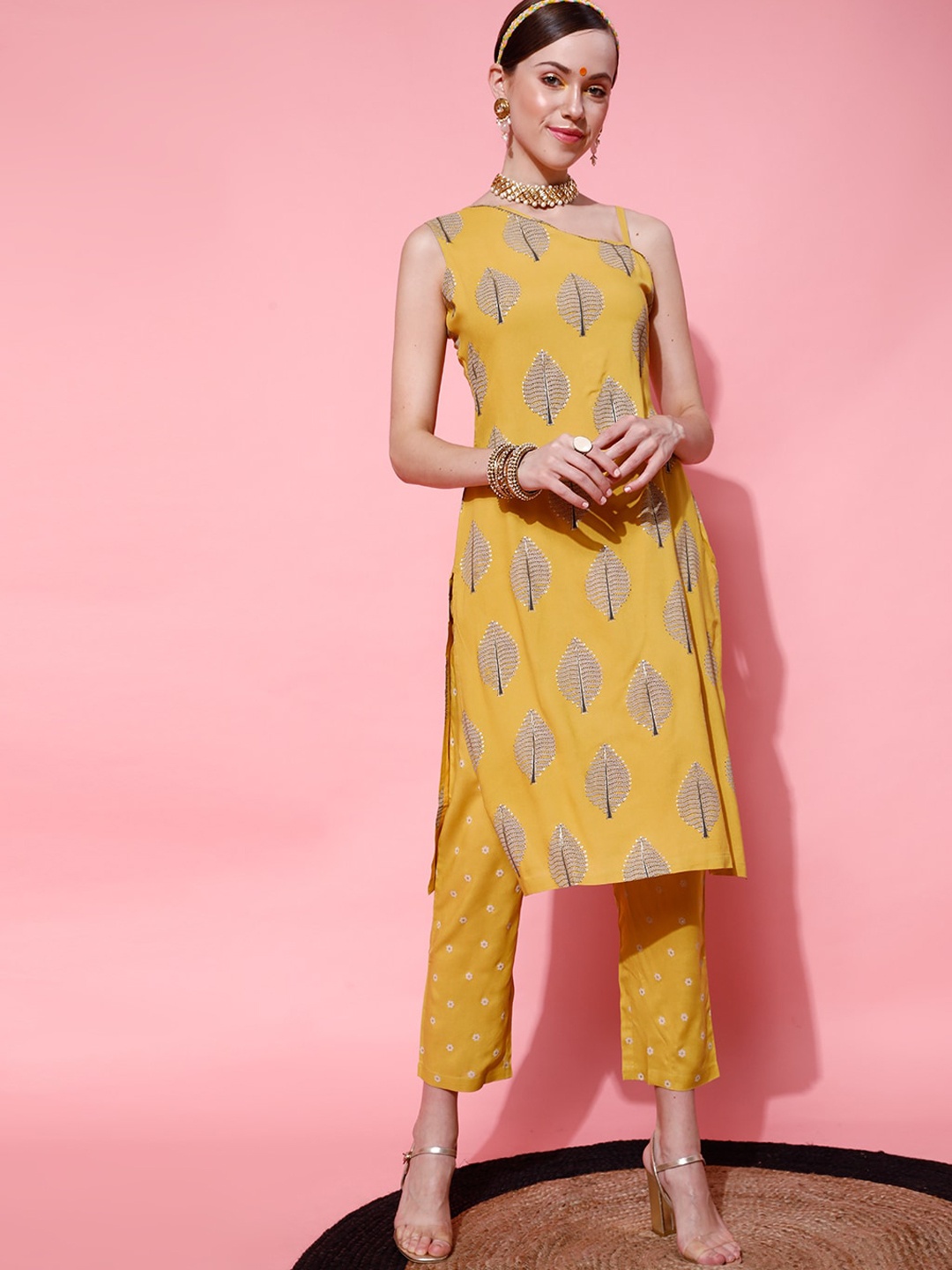 

STREET 9 Women Mustard Yellow Striped Kurti with Trousers