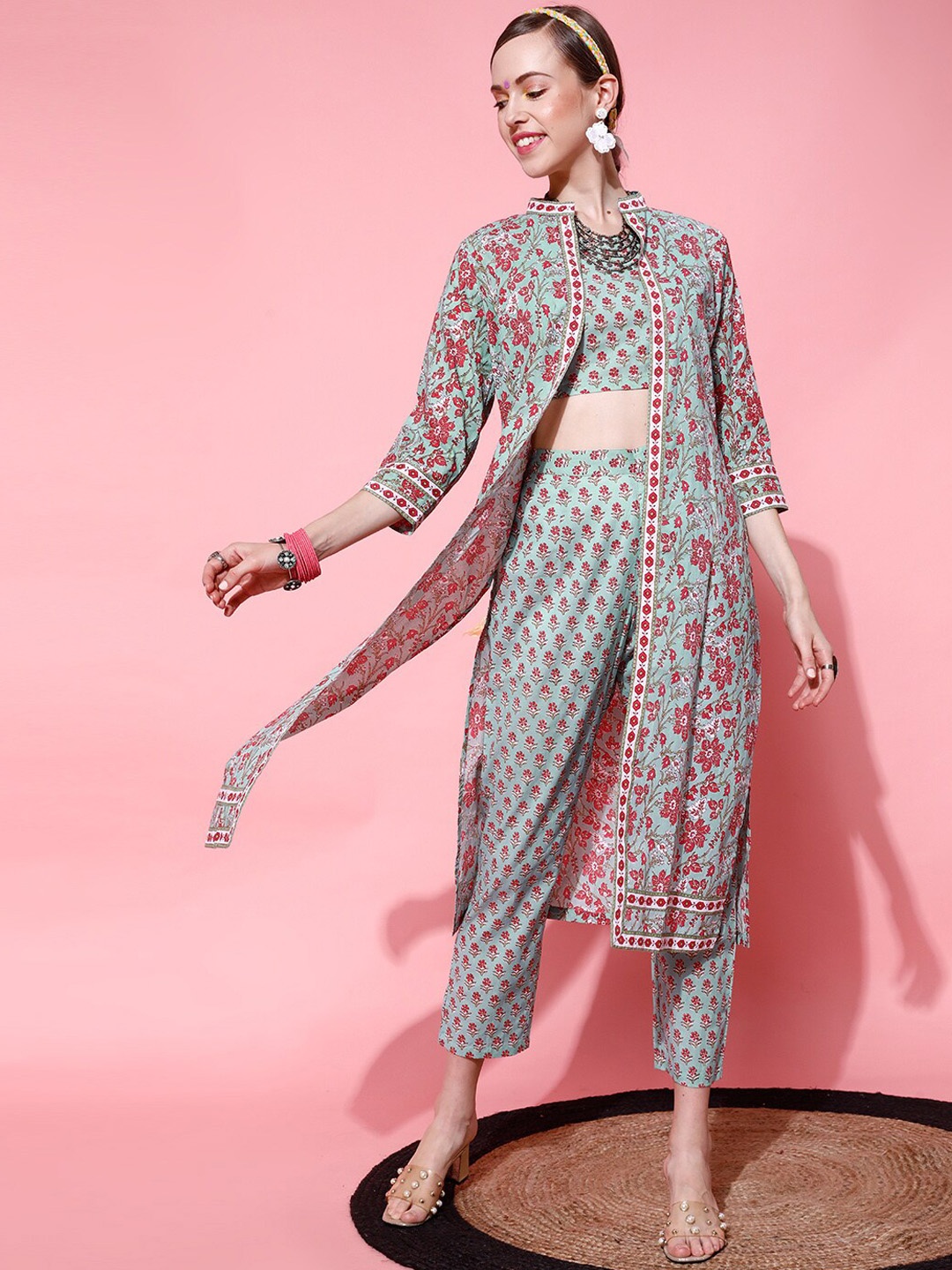 

STREET 9 Women Blue & Red Printed Pure Cotton Ethnic Co-Ords