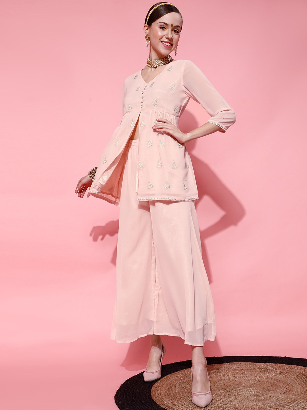 

STREET 9 Women Peach-Coloured Embroidered Kurti with Churidar & With Dupatta