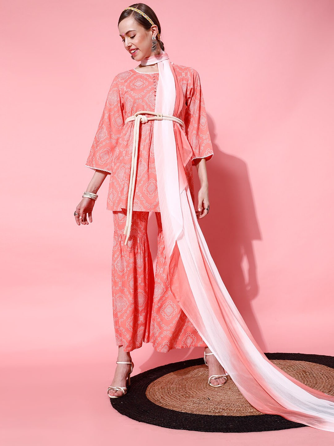 

STREET 9 Women Peach-Coloured Ethnic Motifs Printed Pleated Kurta with Palazzos & With Dupatta