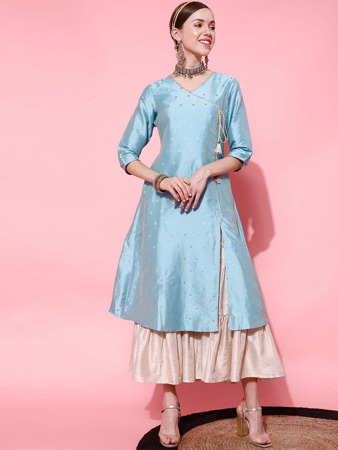

STREET 9 Women Teal Flared Sleeves Thread Work Kurta