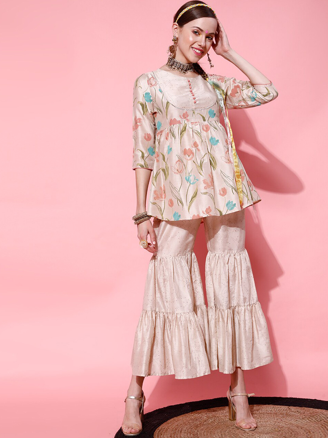 

STREET 9 Women Beige Floral Embroidered Pleated Kurti with Sharara