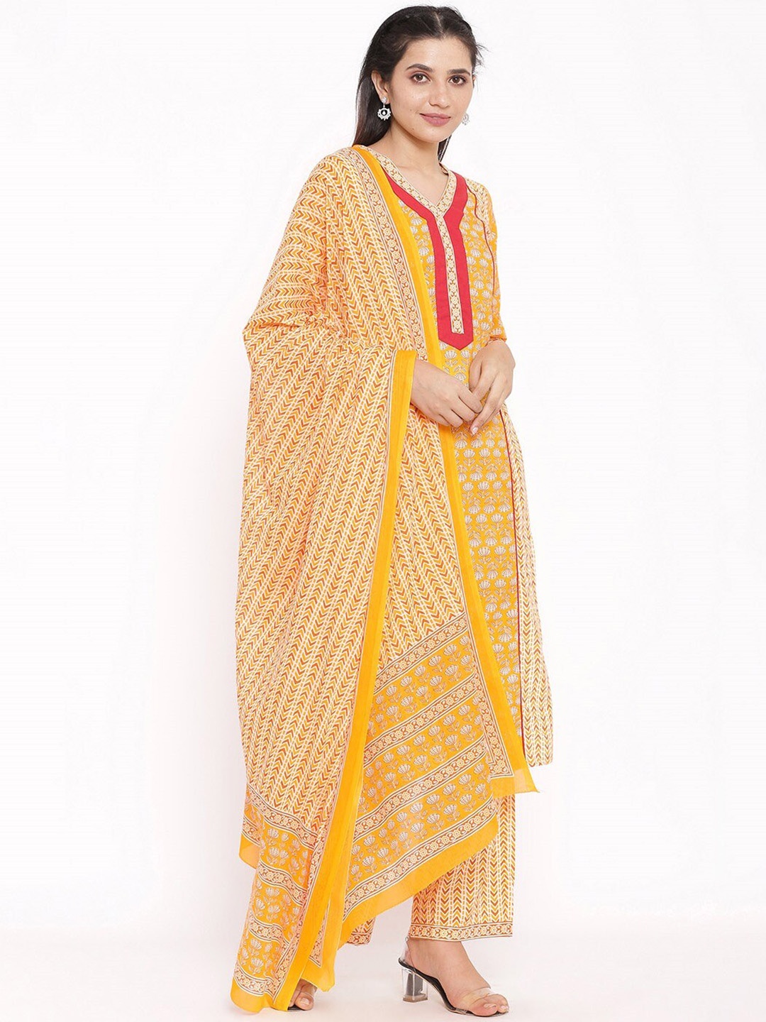 

Saart Bunaai Women Yellow Printed Regular Pure Cotton Kurti with Palazzos & With Dupatta