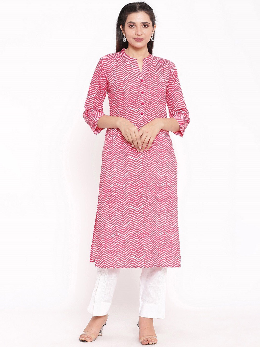 

Saart Bunaai Women Pink Pleated Pure Cotton Kurti with Trousers & With Dupatta