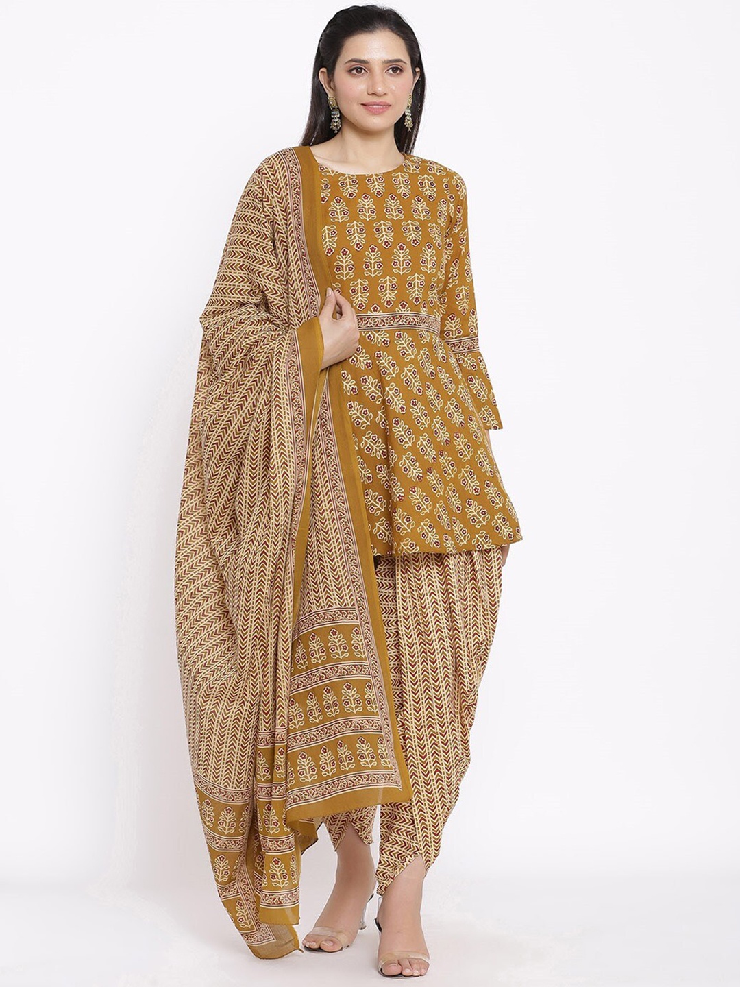 

Saart Bunaai Women Mustard Paisley Embroidered Pure Cotton Kurti Set & Dupatta