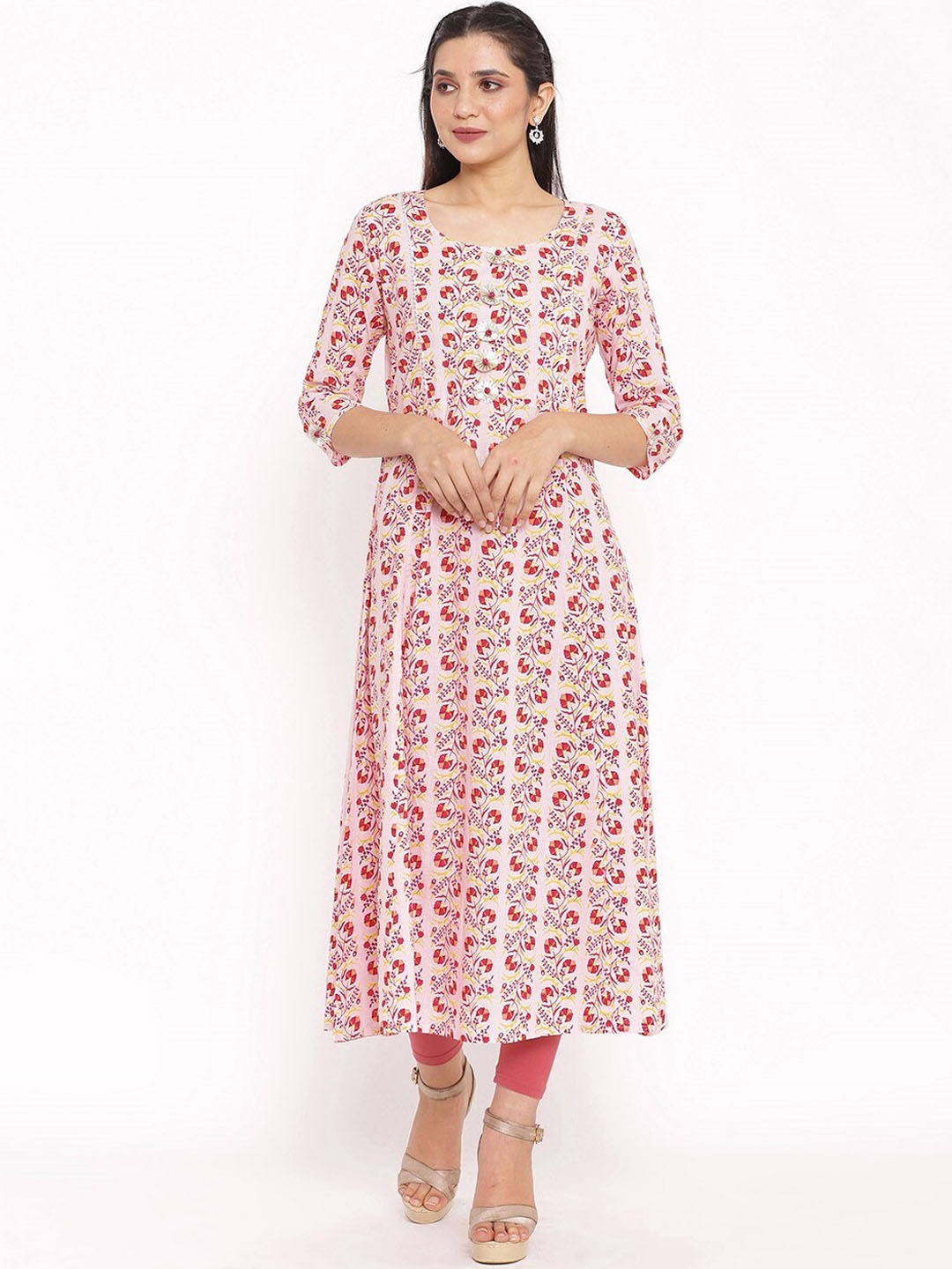 

Saart Bunaai Women Pink Quirky Printed Mirror Work Anarkali Kurta