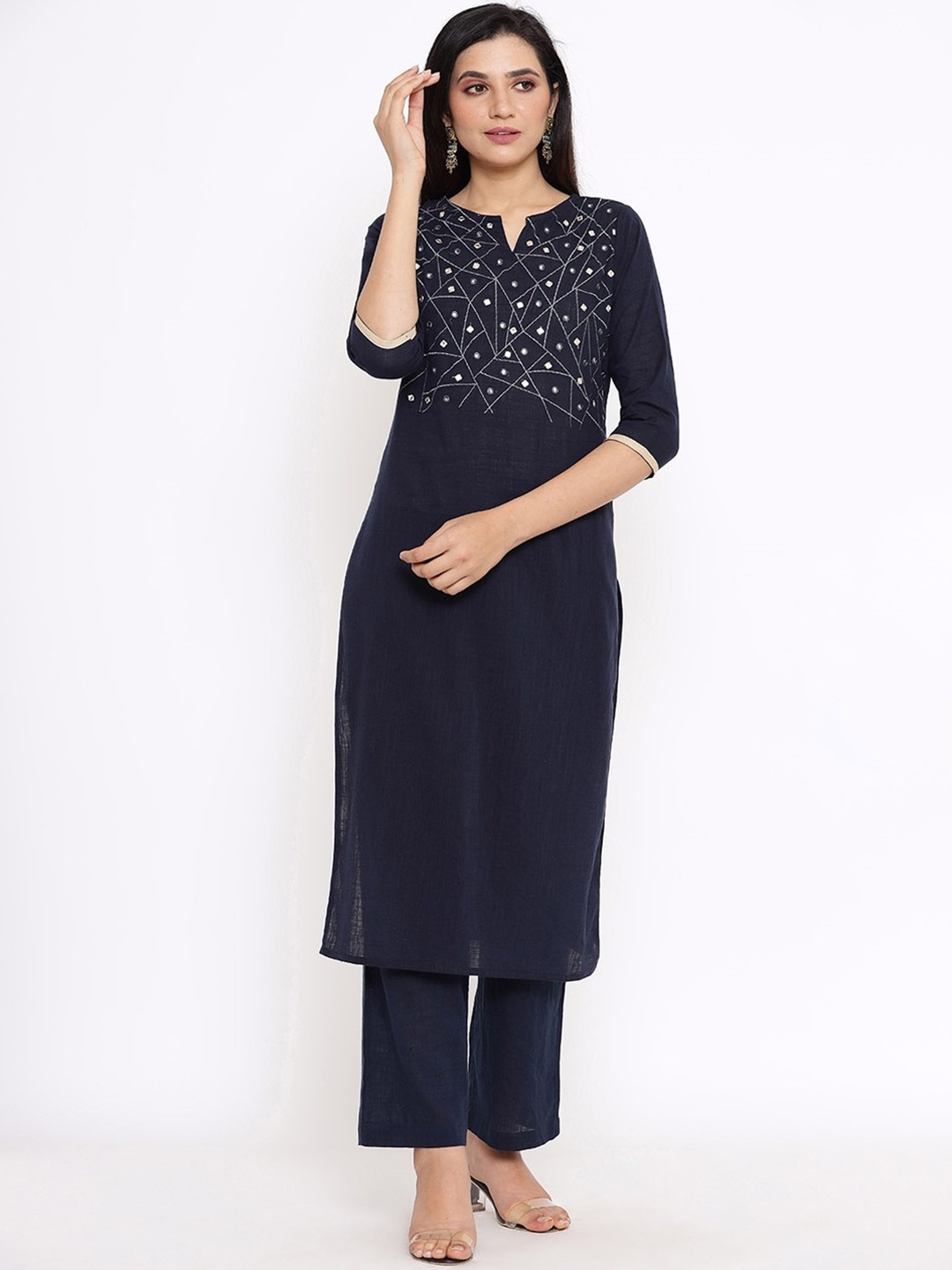 

Saart Bunaai Women Navy Blue Striped Layered Pure Cotton Kurti with Trousers