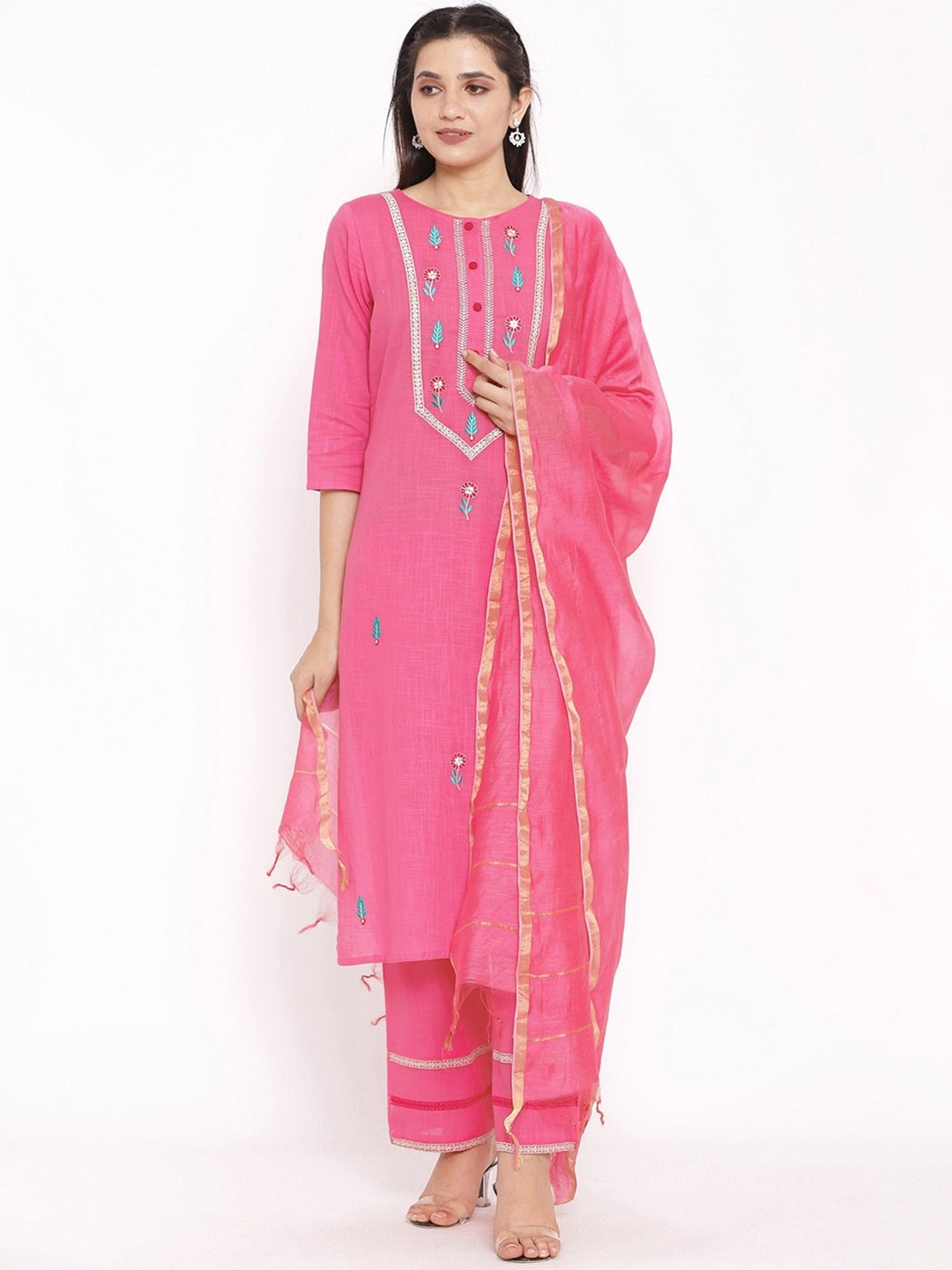 

Saart Bunaai Women Pink Striped Layered Pure Cotton Kurti with Trousers