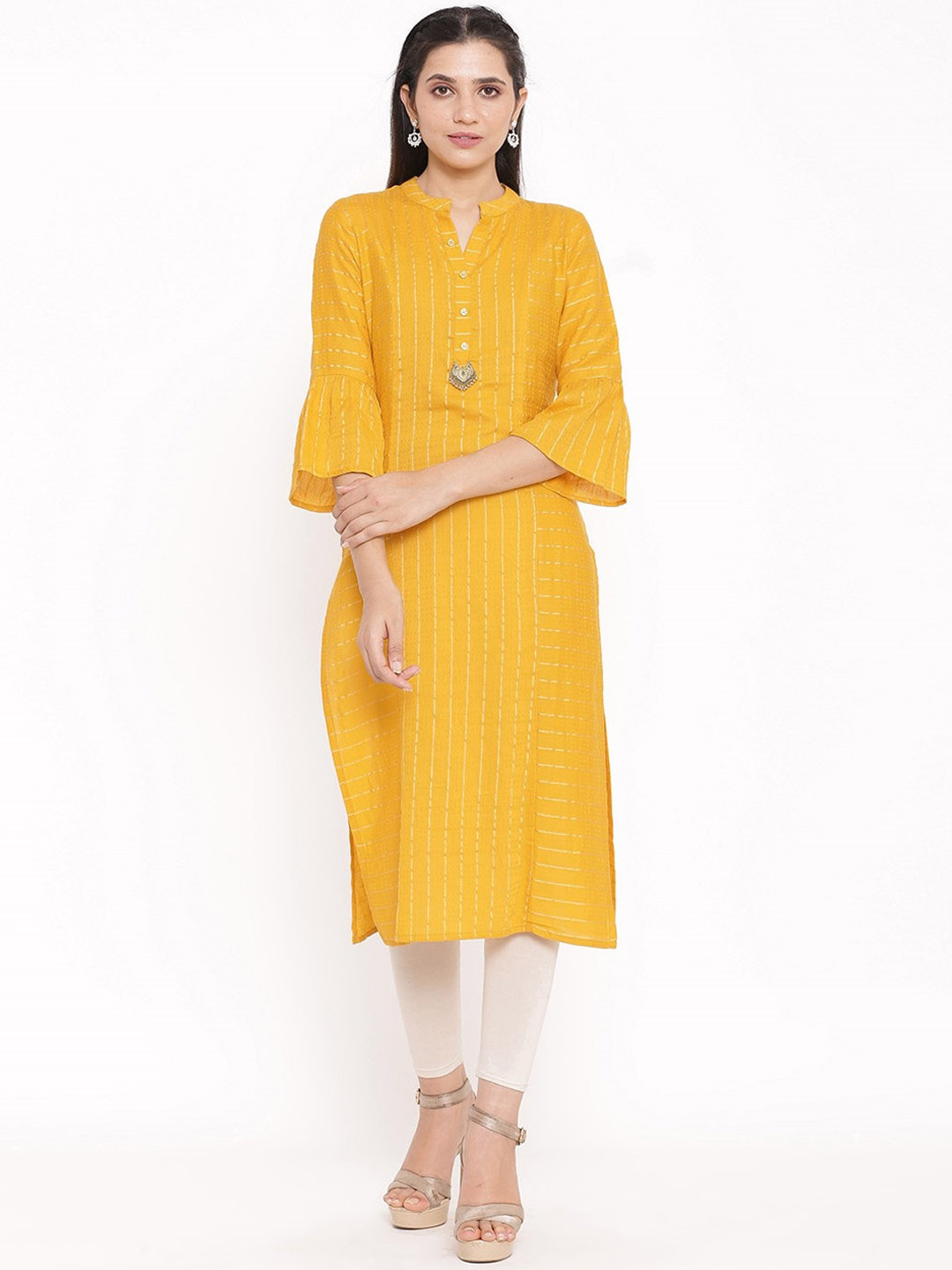 

Saart Bunaai Women Mustard Yellow Leheriya Striped Mirror Work Kurta