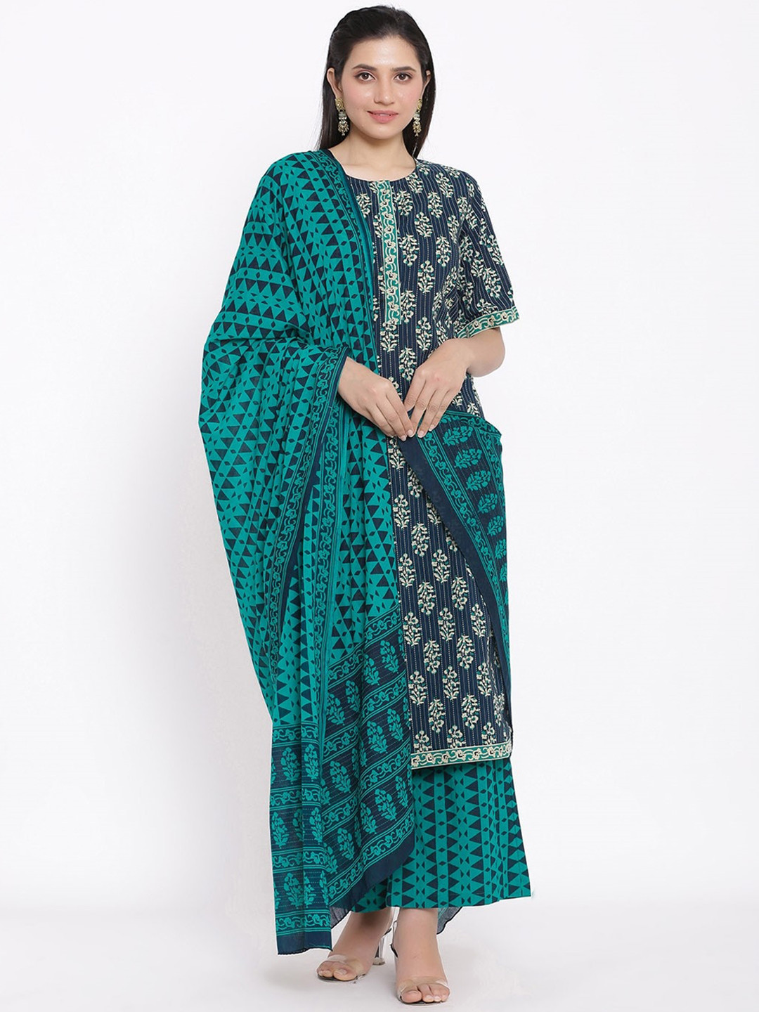 

Saart Bunaai Women Blue Printed Empire Pure Cotton Kurta with Palazzos