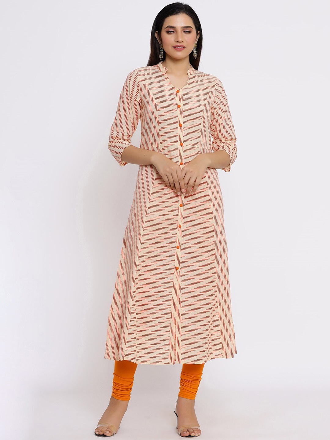 

Saart Bunaai Women Orange Striped Anarkali Kurta