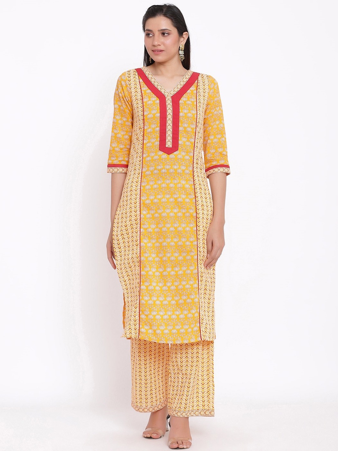 

Saart Bunaai Women Yellow Yoke Design Pure Cotton Kurti with Palazzos